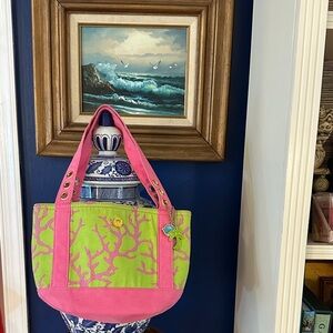 Women’s Palm Island Pink and Apple Green Coral Canvas Tote Bag
